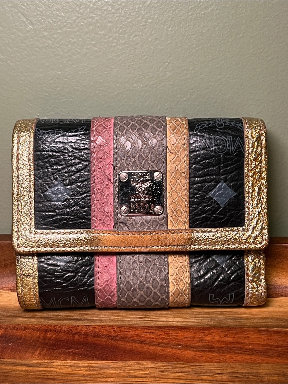 MCM Black Multicolor Striped Leather Wallet with Metallic Trim